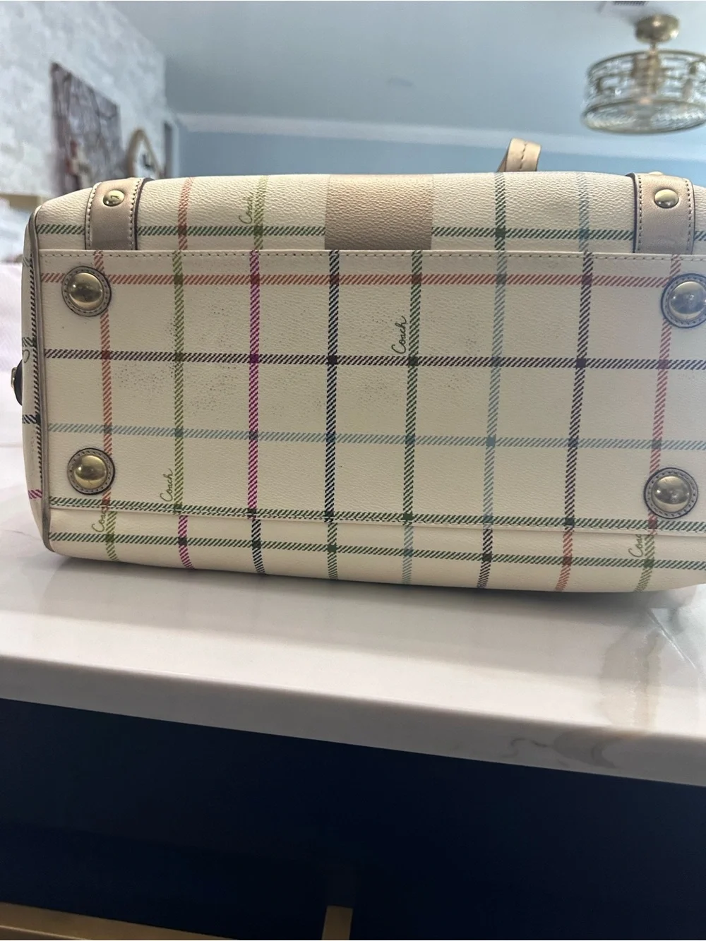 Coach Cream Satchel with Multicolor Plaid Stripes